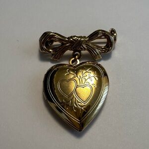 Heart Locket Dangle Brooch Pin Gold Toned Bow Shaped